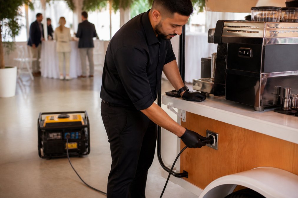 A professional barista plugging a commercial espresso machine into a power outlet on a mobile coffee cart at an indoor corporate event, with cables neatly organized and a small generator visible in the background