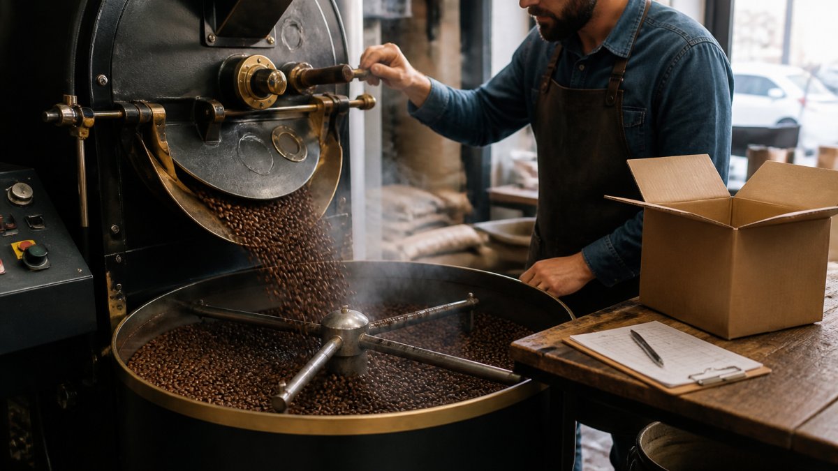 Diagram showing the coffee roasting process from drum cooling to being packaged and delivered fast.