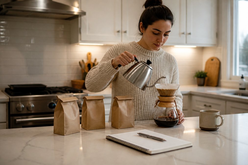 A person in a bright home kitchen pouring freshly brewed coffee from a pour-over setup, with several small coffee sample bags and a notebook on the counter