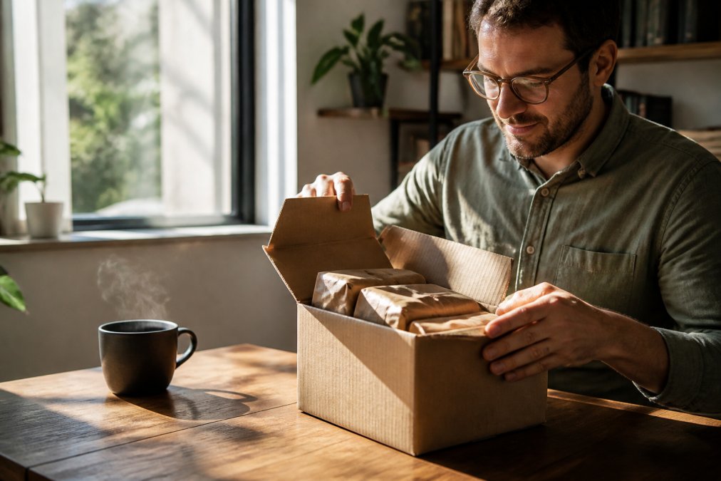 Professional in home office opening a cardboard coffee delivery package at their desk, morning sunlight streaming through window, fresh coffee cup steaming nearby