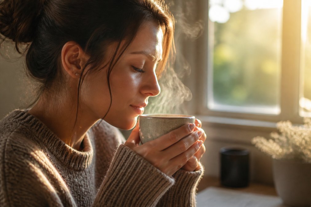 Close-up of hands holding a ceramic mug with steam rising, person inhaling the aroma with eyes closed, warm morning light streaming through a window