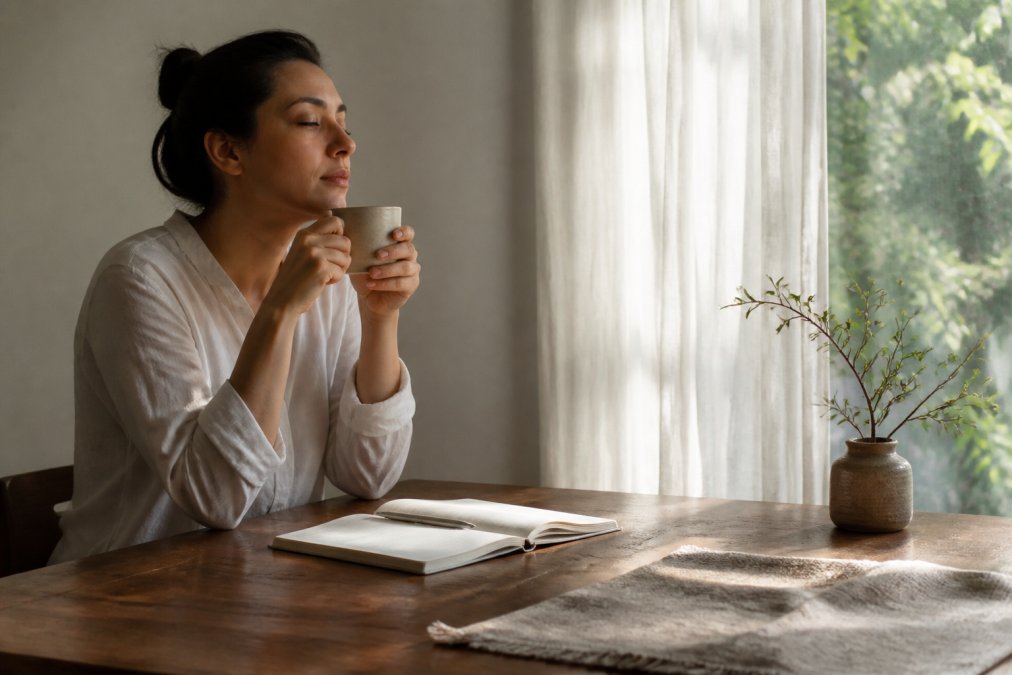 Person seated peacefully at a table with a ceramic mug, notebook, and natural morning light filtering through sheer curtains, engaged in a calm mindful moment