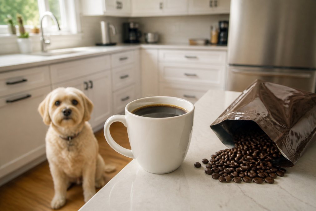 A glossy white ceramic mug filled with fresh coffee sits next to an open bag of whole bean coffee on a bright kitchen counter. A small dog waits patiently nearby, soft natural window light.