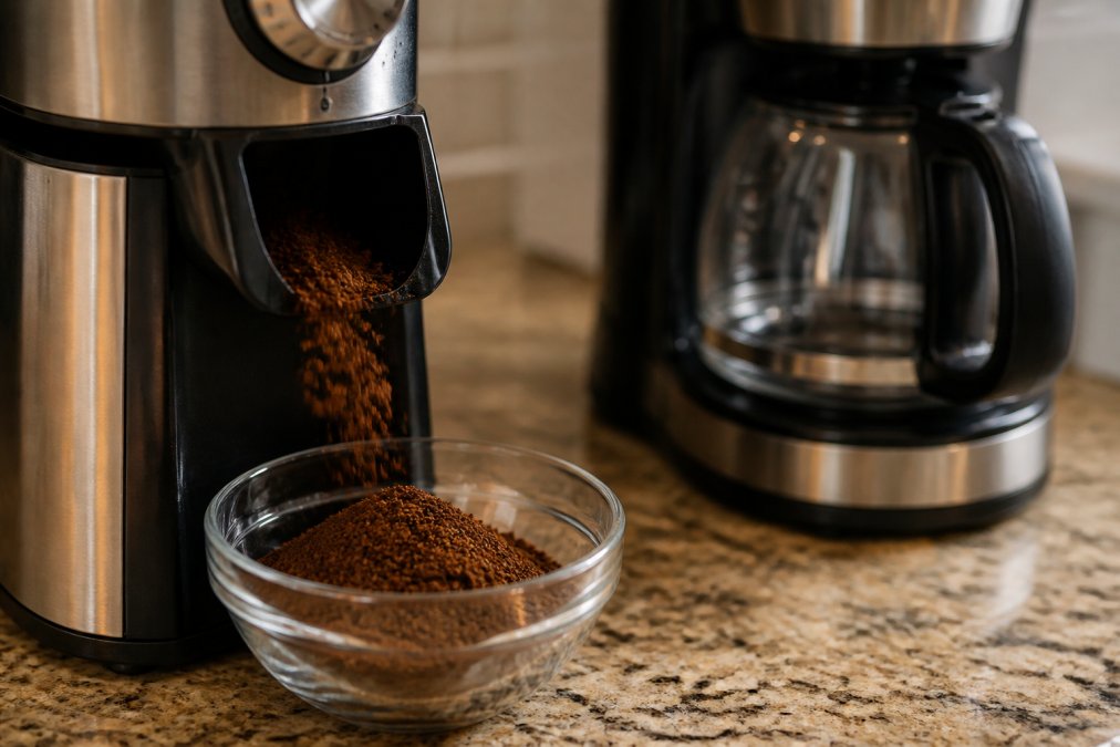 Close-up of a burr grinder dispensing medium-coarse coffee grounds into a small glass bowl on a kitchen counter, with a drip coffee maker visible in the background