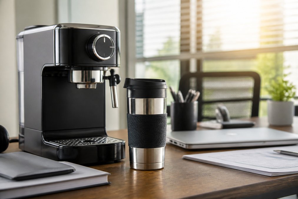 Close-up of compact espresso machine and thermal travel mug on professional office desk with laptop and papers, warm morning light from window