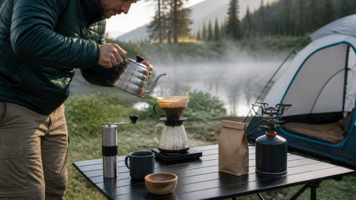 Camper pouring hot water into a pour-over coffee maker at a misty campsite