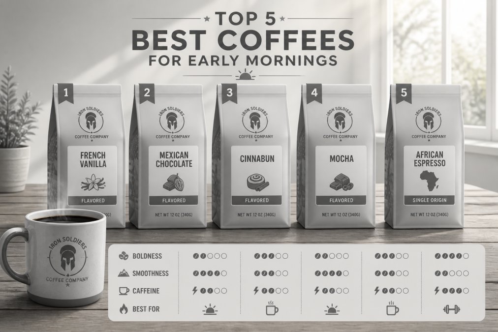 Close-up of five specialty coffee bags lined up on a weathered wooden table with a steaming ceramic mug in the foreground, warm amber morning light streaming through a window behind them