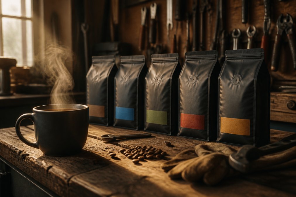 A row of Blue Collar Brewing coffee bags arranged on a worn wooden workbench alongside a full mug of dark coffee, steam rising from the cup in warm early morning light, tools visible in the blurred background
