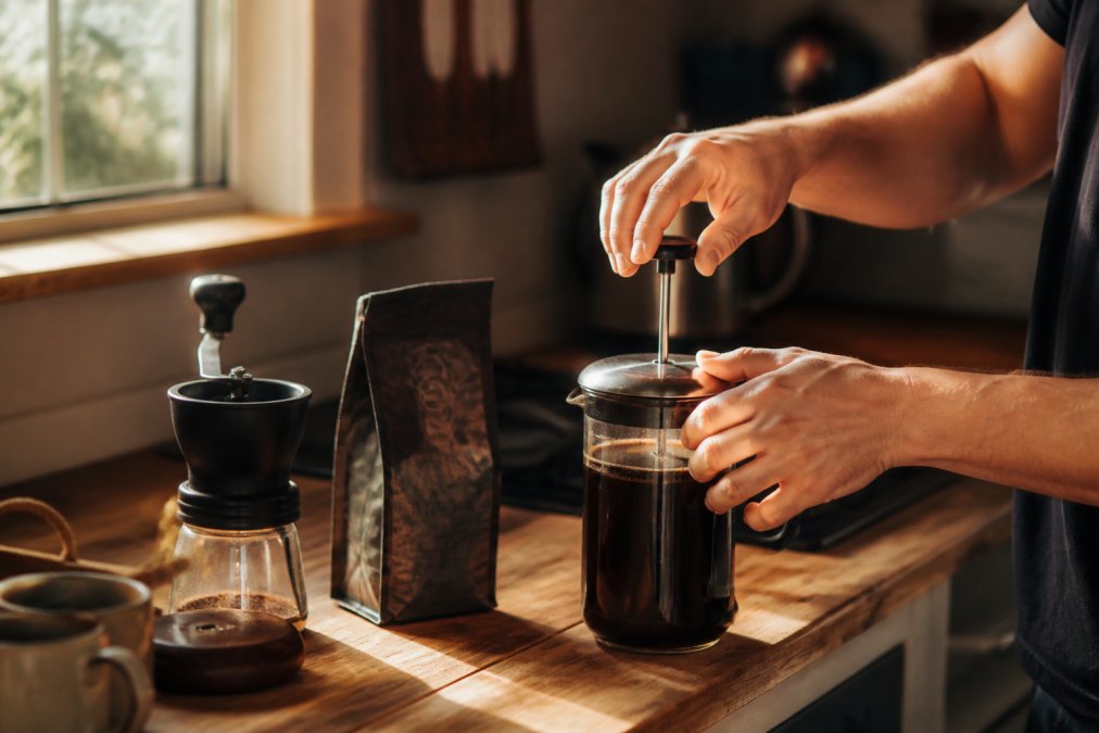 A pair of hands pressing down the plunger of a French press on a wooden kitchen counter, with an open coffee bag and a manual burr grinder nearby, soft morning light filtering through a window to the left