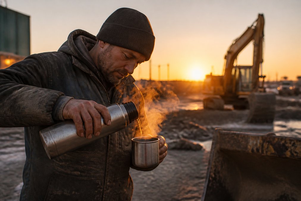 A construction worker in worn work gear pouring coffee from a stainless steel thermos at a job site at dawn, steam rising from the cup against a blurred site background with heavy equipment visible