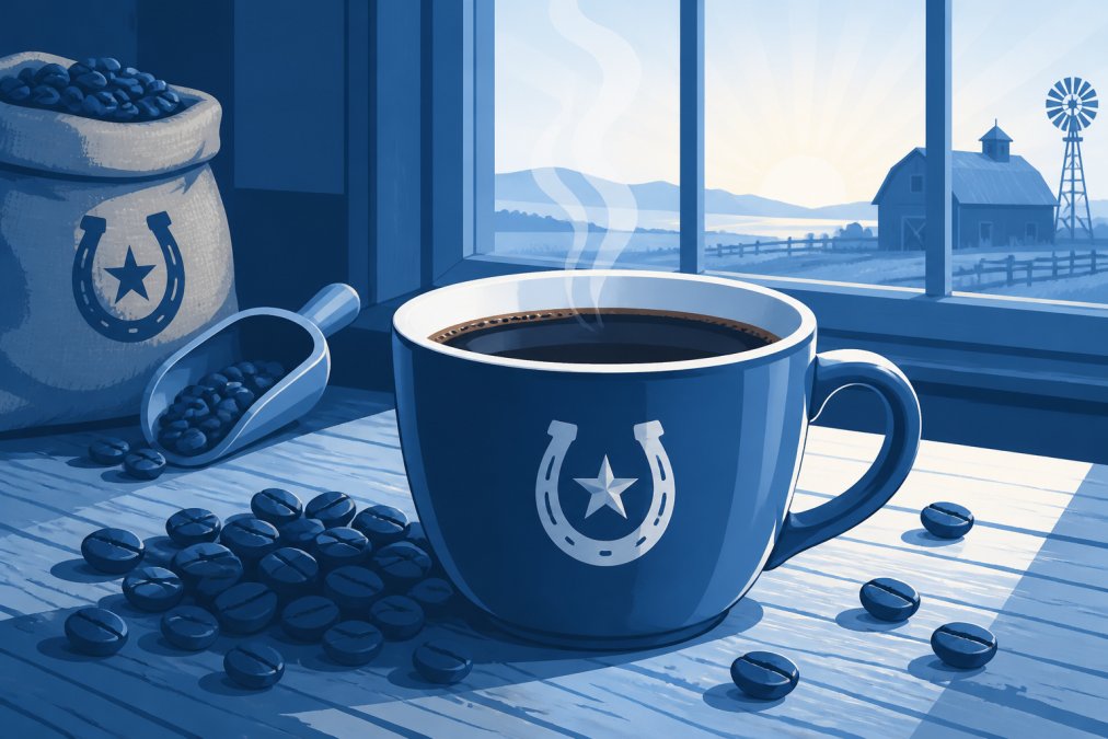 Close-up of a freshly brewed cup of dark coffee resting on a weathered wooden table at dawn, whole coffee beans scattered nearby, soft golden early morning light streaming through a farmhouse window