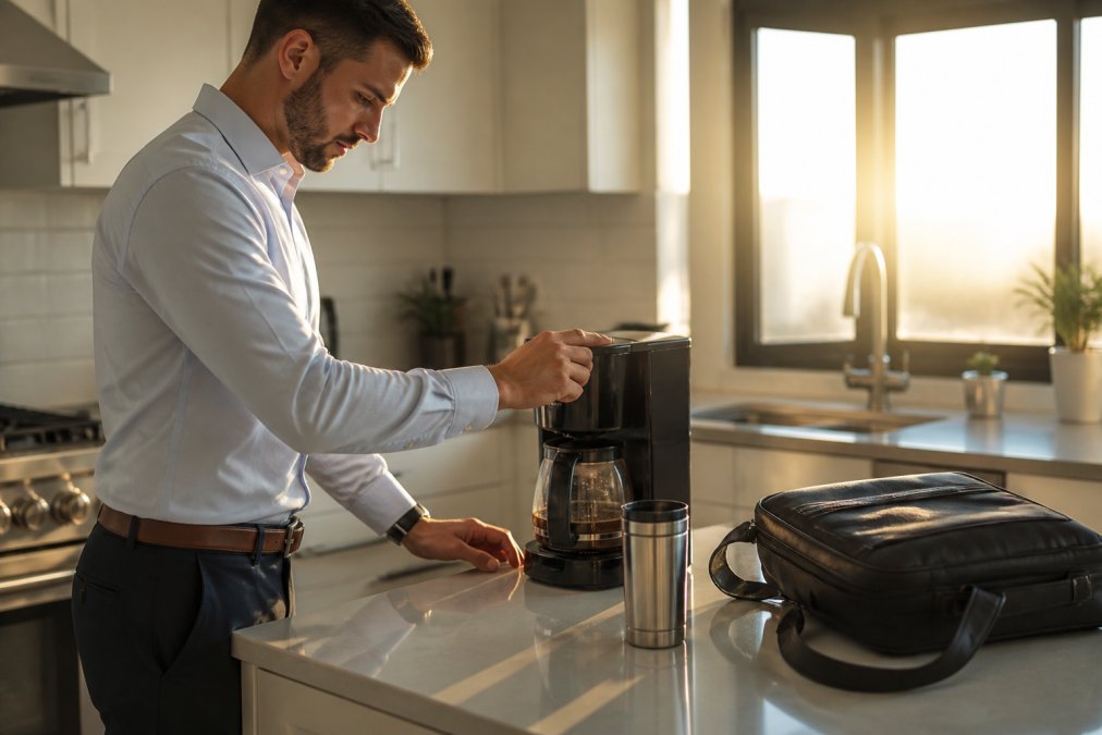 A focused professional in a fitted work shirt quickly preparing coffee using a drip coffee maker in a clean modern kitchen, a stainless steel travel mug open on the counter beside a packed work bag, early morning light filling the room from a window above the sink