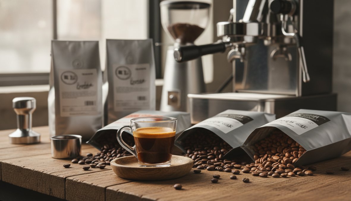 Flat-lay of several whole bean coffee bags in kraft paper packaging arranged on a worn wooden surface beside a small white espresso cup filled with rich amber crema, shot from directly above in warm morning light