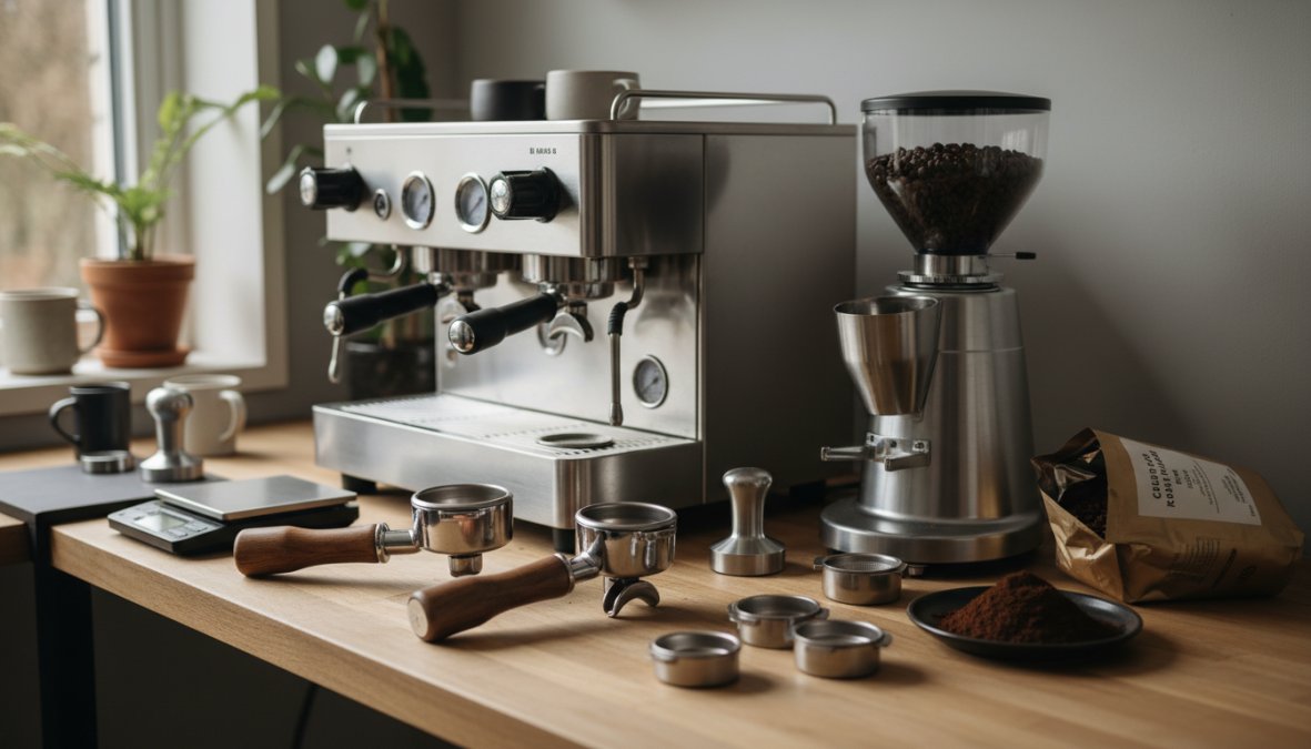 Close-up of a stainless-steel burr grinder dispensing a stream of dark, freshly ground coffee into a naked portafilter resting on a kitchen counter, with a semi-automatic espresso machine visible and slightly blurred in the background