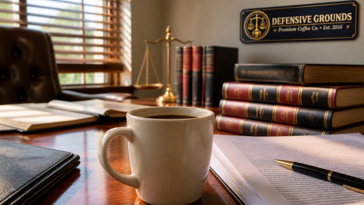 A close-up of a ceramic coffee mug on a polished wooden desk in a law office, with legal documents and a pen in the background, soft morning light coming through window blinds