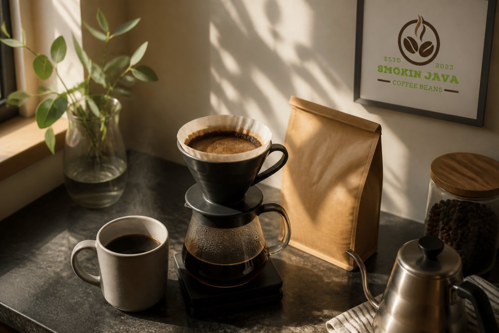 Pour-over coffee setup with whole beans and a steaming mug on a kitchen counter in soft morning light