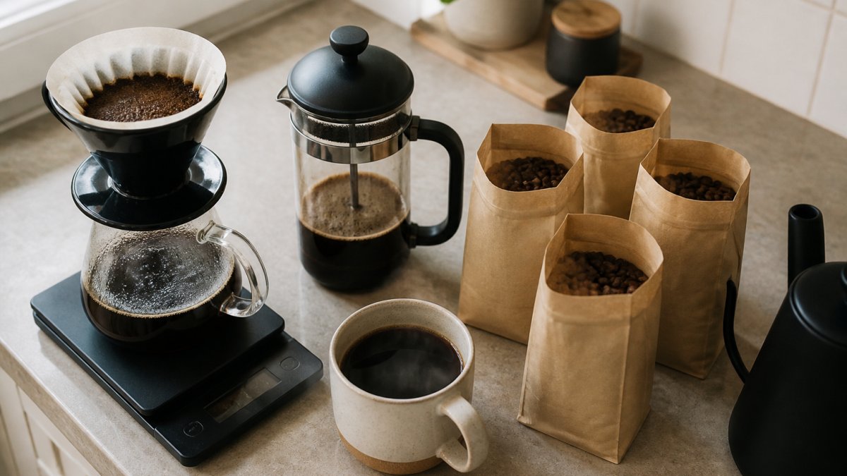 Overhead scene of a home kitchen counter with a pour-over dripper, French press, digital scale, and several small bags of freshly roasted whole-bean coffee beside a steaming mug