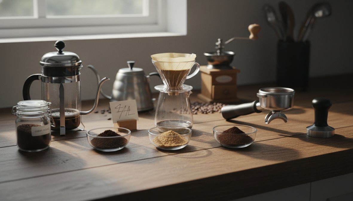 Close-up of five small white ceramic bowls arranged side by side on a white marble surface, each holding a visibly different coffee grind from chunky coarse to powdery extra-fine, with a stainless steel burr grinder slightly out of focus in the background