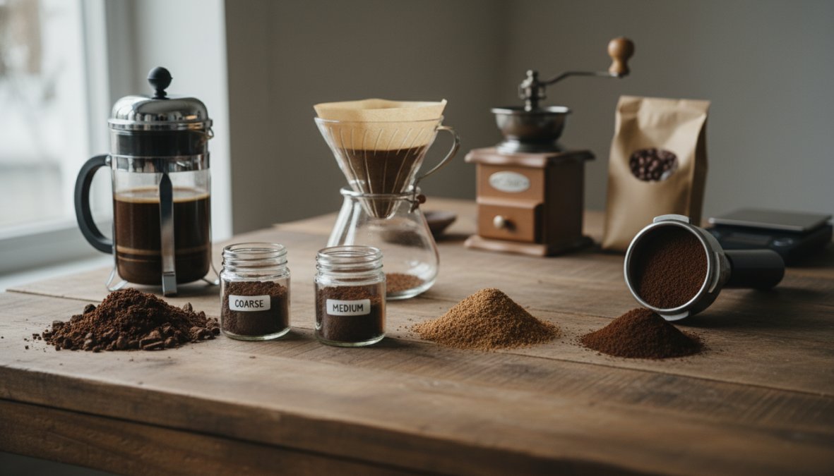 Flat-lay of several whole bean coffee bags arranged on a rustic wooden kitchen counter alongside a ceramic pour-over dripper, a glass French press, and a small white bowl of roasted coffee beans under warm natural window light