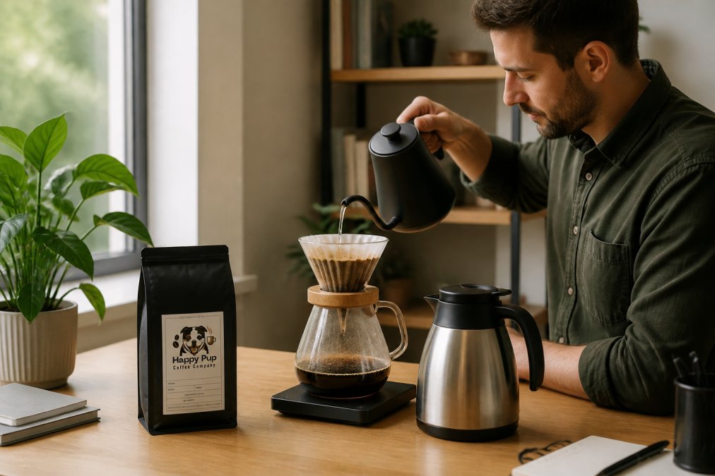Remote worker at desk with pour-over coffee setup and thermal carafe beside laptop in home office with natural window light