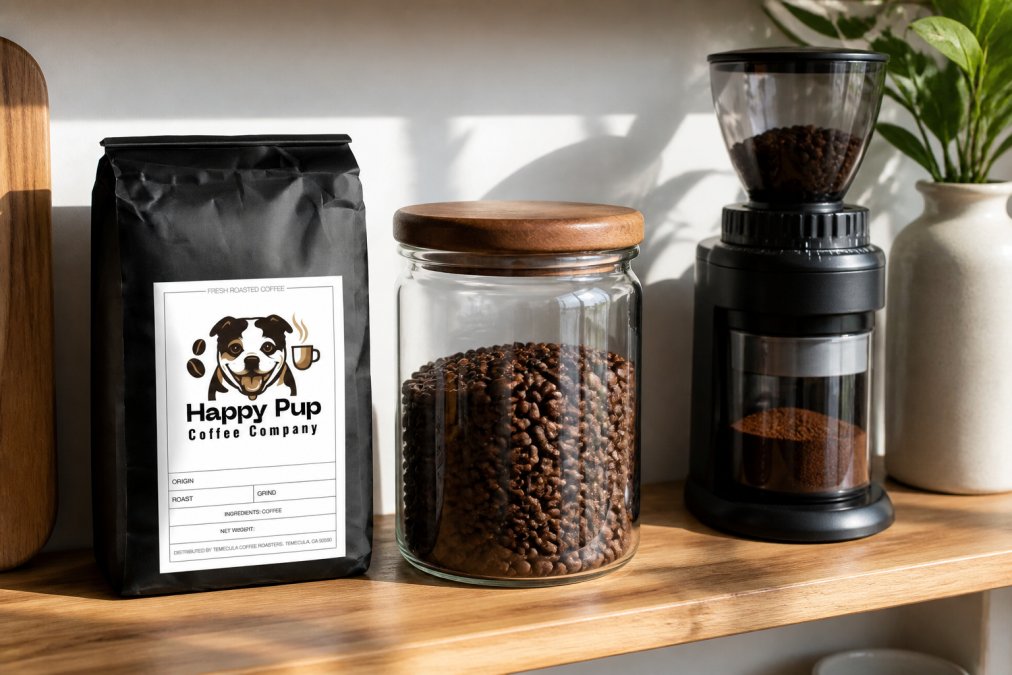 Coffee beans in airtight glass container on kitchen shelf with whole bean bag and grinder nearby in natural light