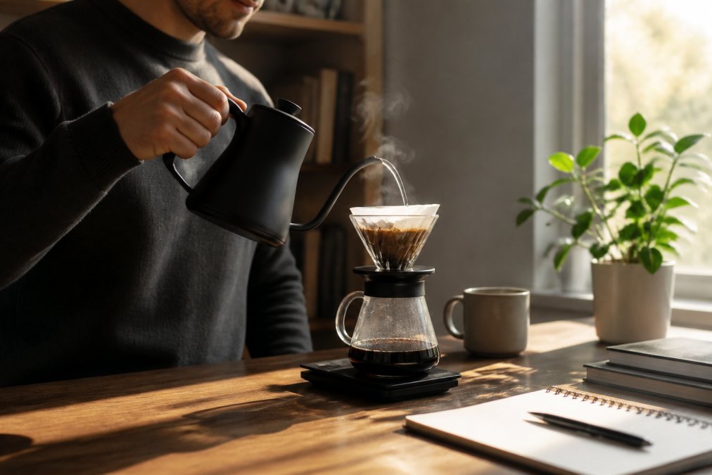 Person pouring hot water into a pour-over coffee maker at a home office desk, with a laptop and notepad visible, natural morning light streaming through a window