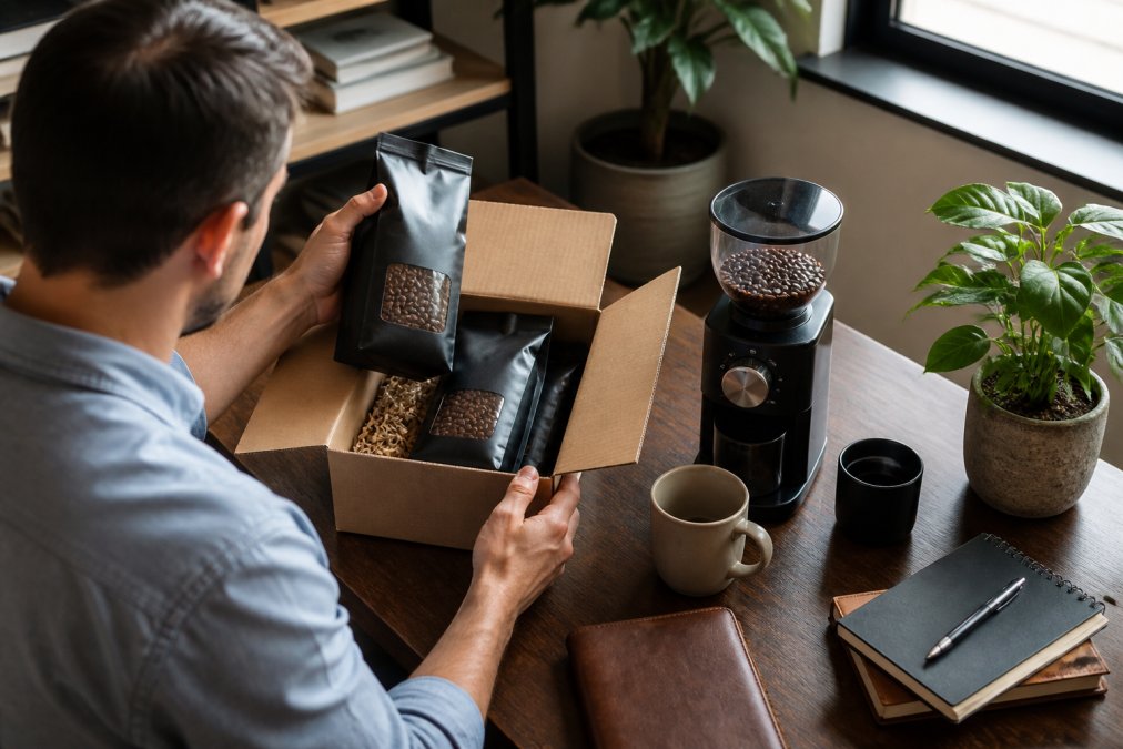 A home office worker opening a freshly delivered coffee package, with whole bean bags and a burr grinder on the desk, surrounded by work materials