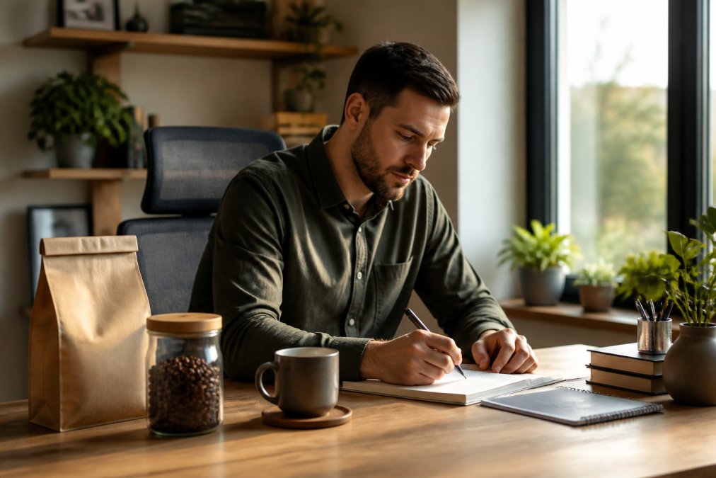 A focused professional working on a laptop at a tidy home desk, with a fresh cup of coffee and a bag of roasted beans nearby in soft morning light