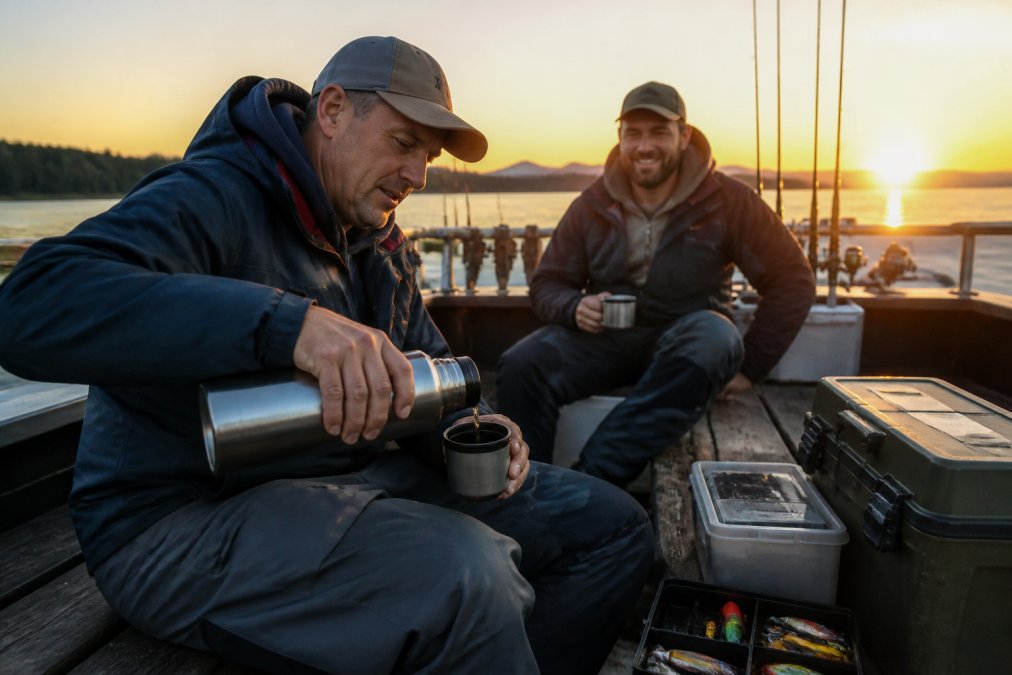 A well-worn stainless thermos and a sealed pouch of Ridgeline coffee sitting on the wooden deck of a fishing boat at sunrise, with rods and tackle boxes visible in the soft morning light