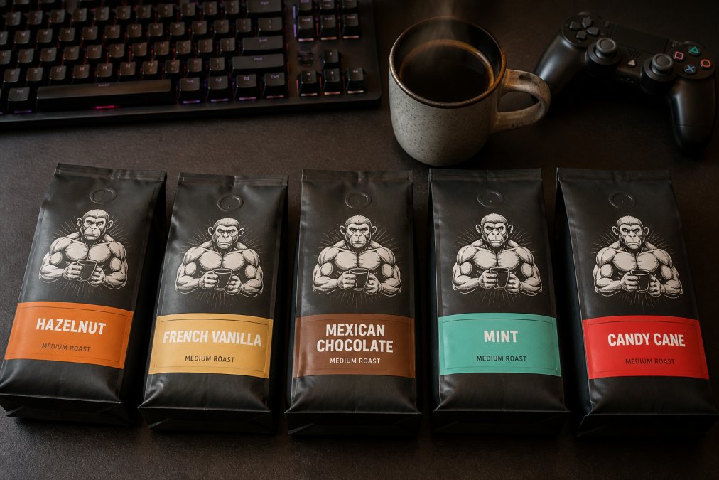 Flat lay of five coffee bags from Ed In Your Head arranged on a dark gaming desk with a steaming ceramic mug, a mechanical keyboard, and a controller in the background under warm overhead lighting