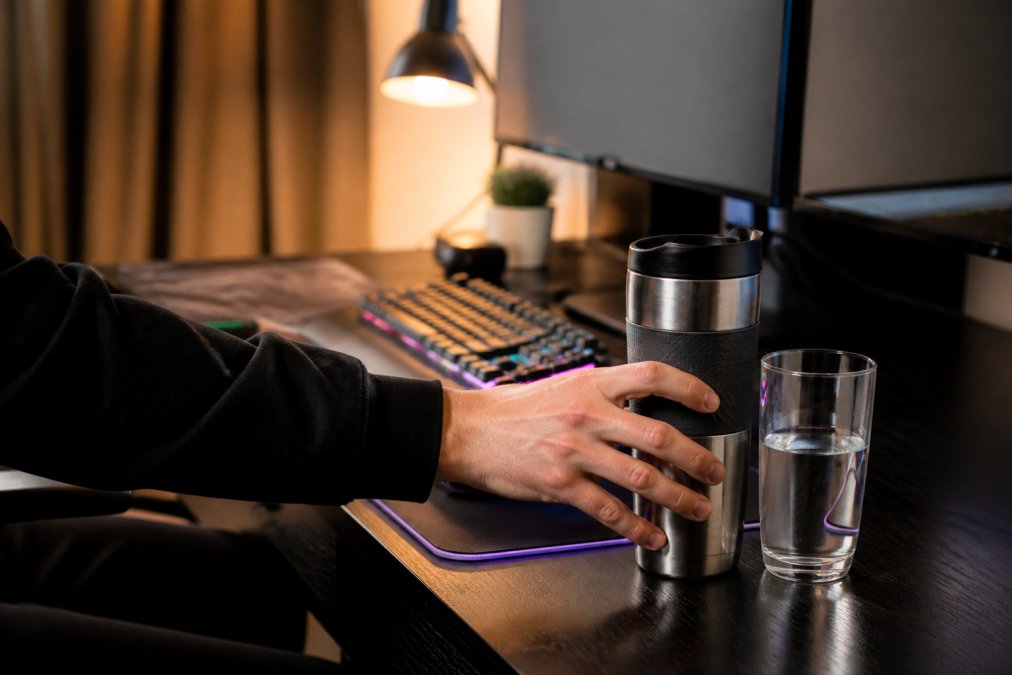 Close-up of a gamer's hand reaching for a spill-proof stainless steel travel mug beside a glowing RGB gaming monitor, with a glass of water also on the desk, warm ambient lighting from a desk lamp