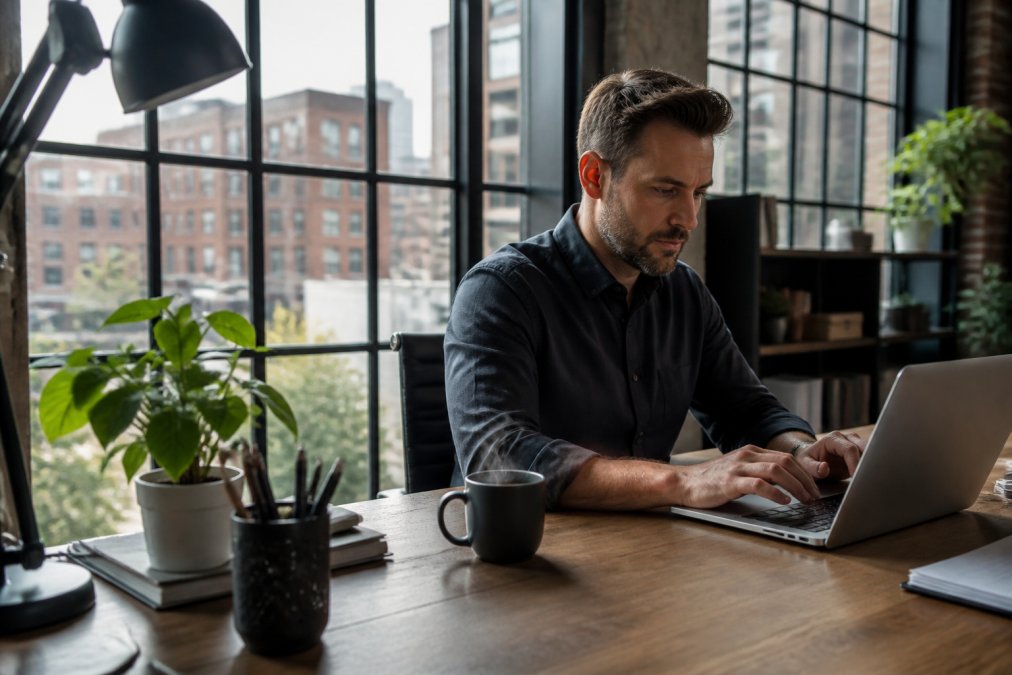 A focused professional at a modern office desk with a steaming cup of coffee beside their workspace, natural daylight streaming through large windows, hands positioned over keyboard in concentrated work posture