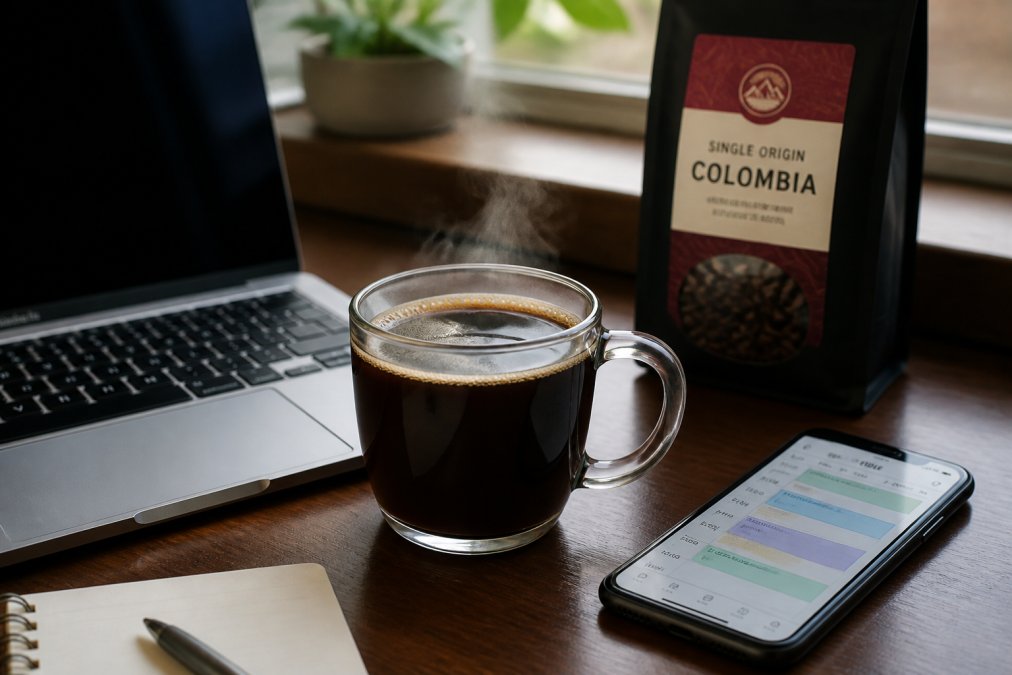 Infographic showing the process of using coffee for long work days alongside a laptop, calendar, and coffee beans.