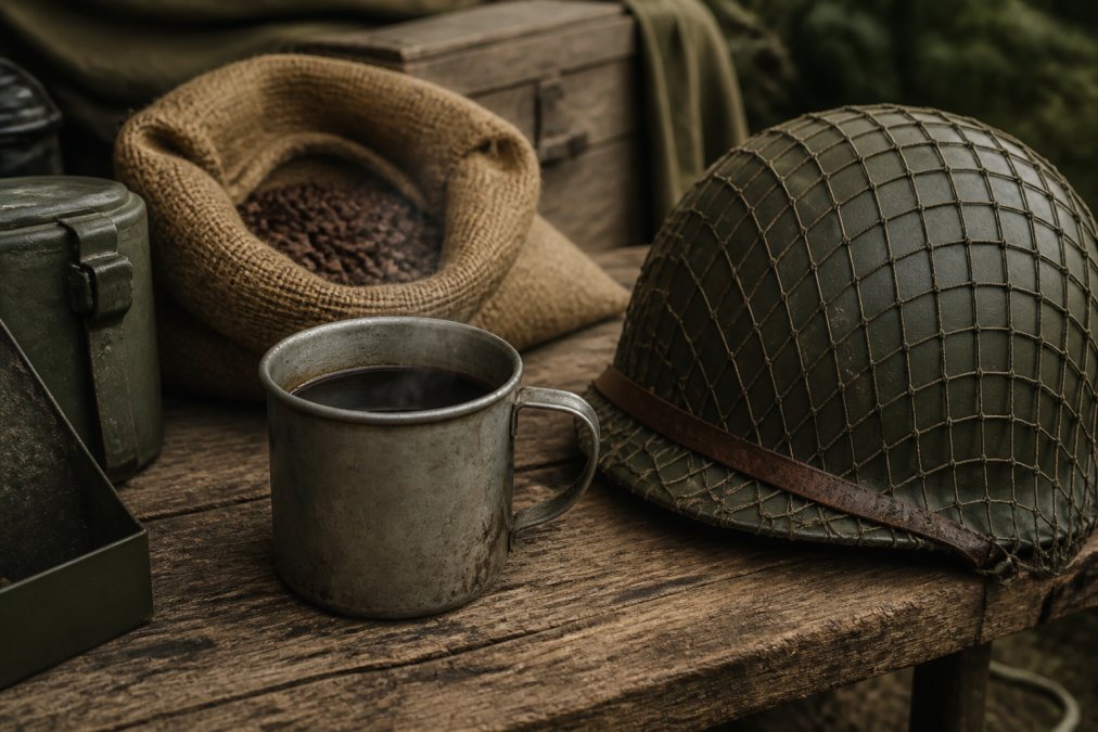 A vintage metal coffee cup sits on a rustic wooden table next to a World War II-era helmet and a burlap coffee sack, evoking a field camp scene