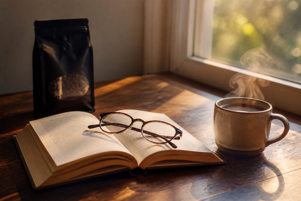 Warm morning scene with a book open on a wooden table, a steaming mug of coffee beside it, natural sunlight streaming through a window, reading glasses resting on the open pages, and a coffee bag in soft focus nearby