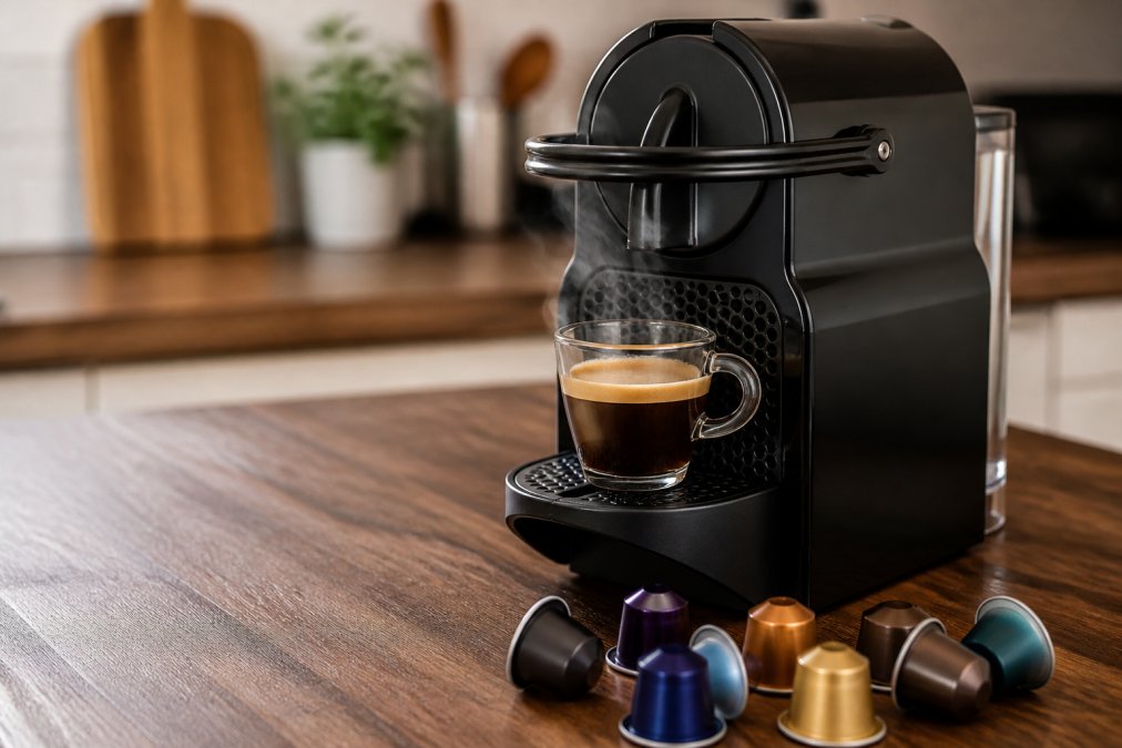 Close-up of a Nespresso machine on a kitchen counter with a freshly brewed espresso in a glass cup, steam rising, and a few colorful coffee pods scattered nearby
