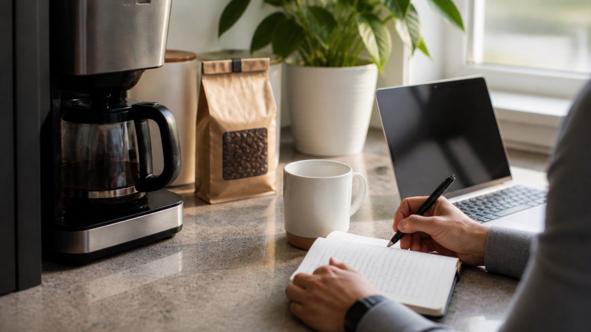 A modern office breakroom counter with a drip coffee maker, a bag of whole bean coffee, and a ceramic mug beside a laptop showing a morning schedule