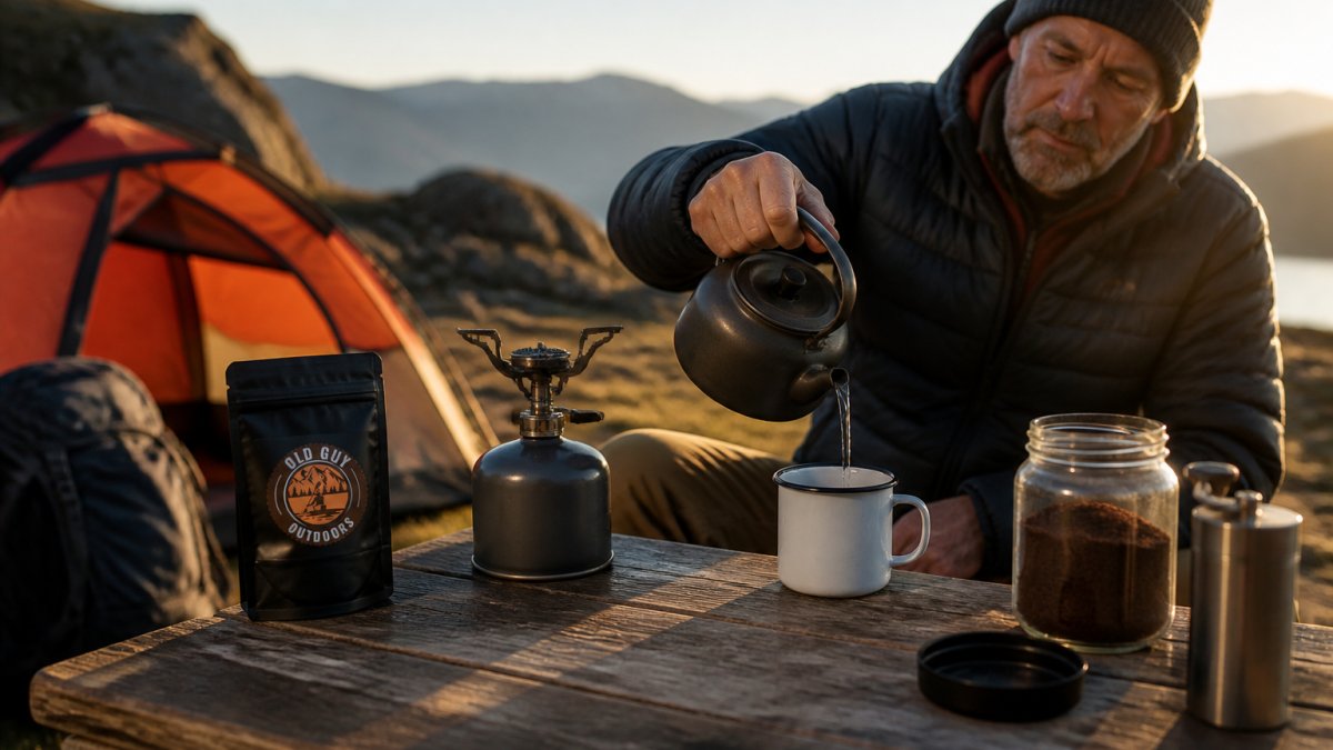 Outdoor enthusiast pouring hot water from a camping kettle into an enamel mug with ground coffee at a base camp in early morning light, with a camping stove and coffee grounds visible on a wooden table
