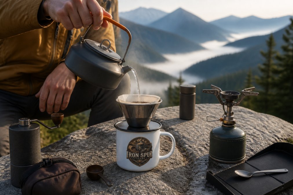 Hiker pouring hot water from a lightweight camping kettle into a pour-over cone positioned over an enamel mug at a wilderness campsite, with mountains visible in the background and morning mist rising from the valley