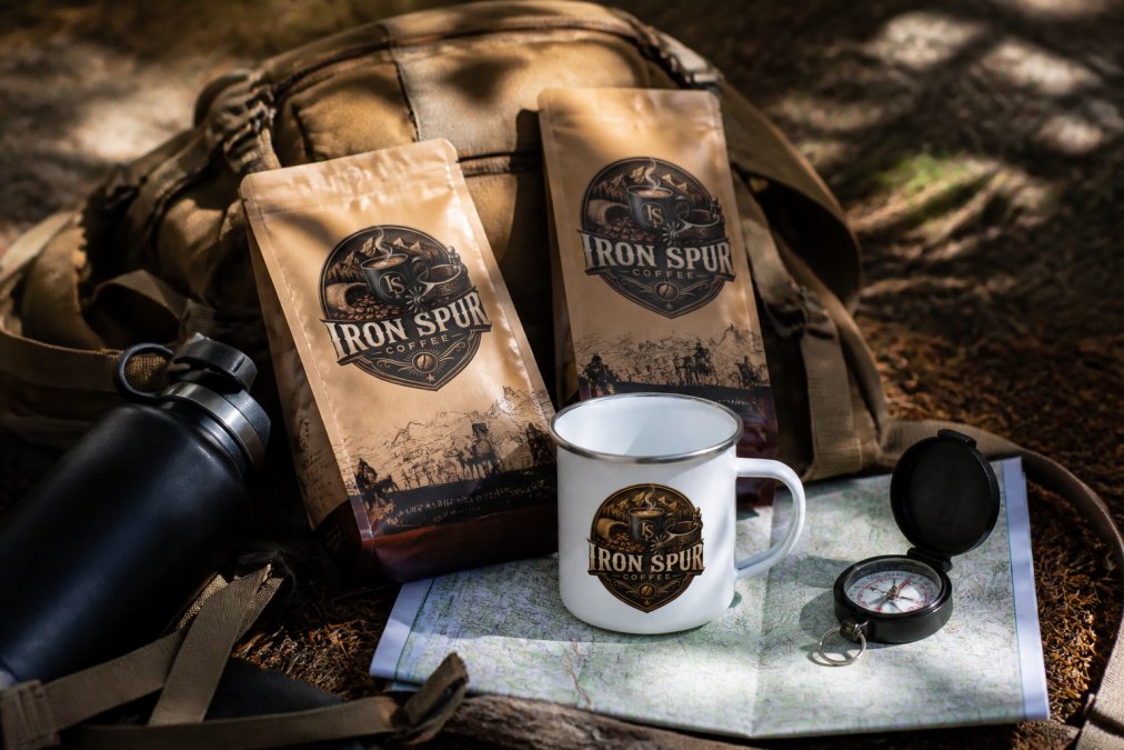 Close-up of Iron Spur coffee bags arranged on a backpack with an enamel mug, trail map, compass, and outdoor gear arranged in natural daylight, showing the coffee products ready for backcountry adventure