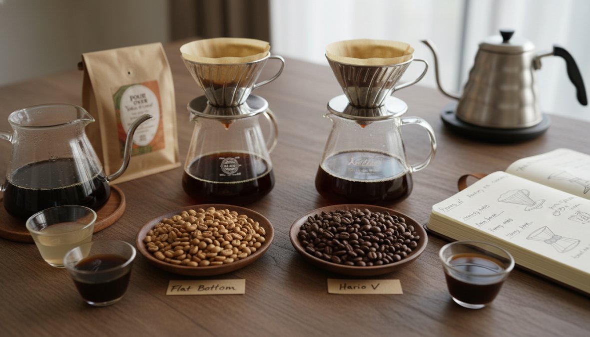 Flat lay of several bags of specialty coffee beans arranged on a wooden surface next to a Hario V60 dripper and a gooseneck kettle, warm natural light from a window casting soft shadows