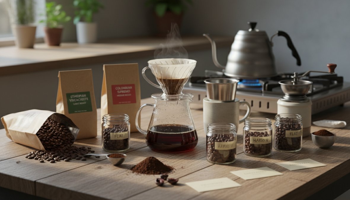 Close-up of freshly ground coffee in a burr grinder basket showing medium-coarse texture, with a pour over dripper and digital scale visible in the background on a kitchen counter under warm overhead lighting