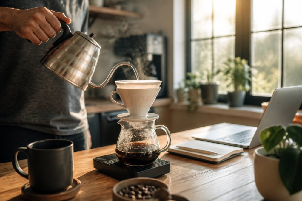 A person pouring hot water from a gooseneck kettle over a pour-over coffee dripper on a wooden kitchen counter, with a laptop open in the background showing a work document, morning sunlight streaming through a window