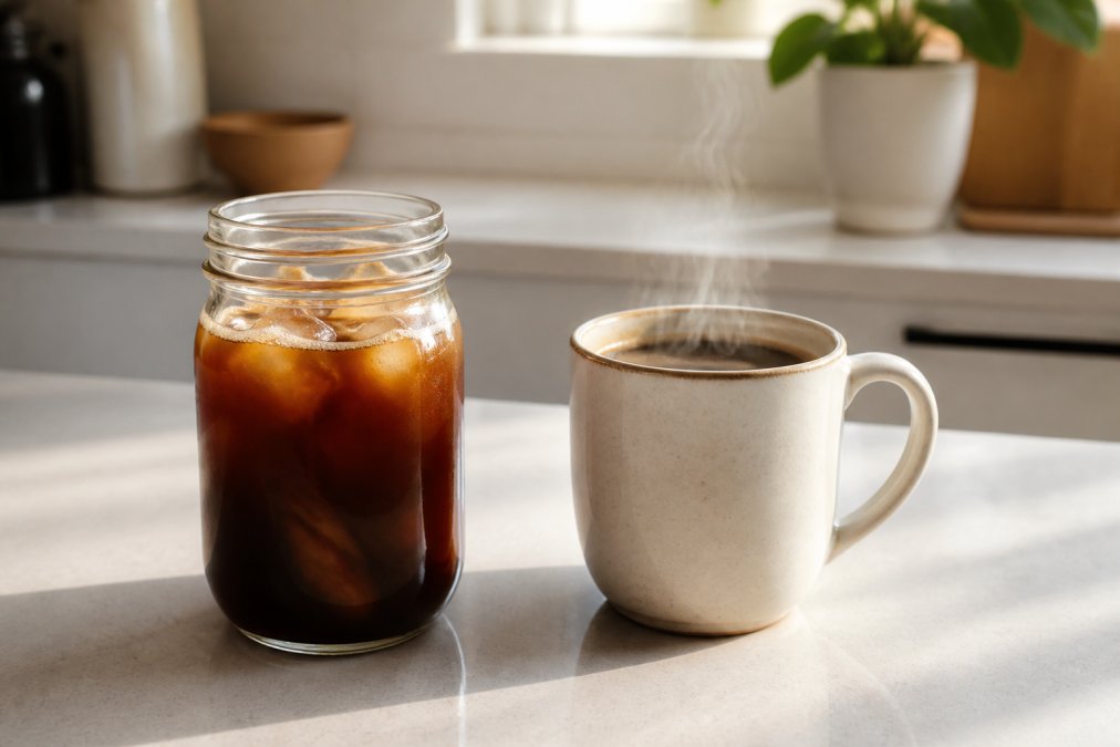 Side-by-side shot of a glass mason jar of cold brew coffee with ice next to a steaming ceramic mug of hot coffee on a light kitchen countertop in soft morning light