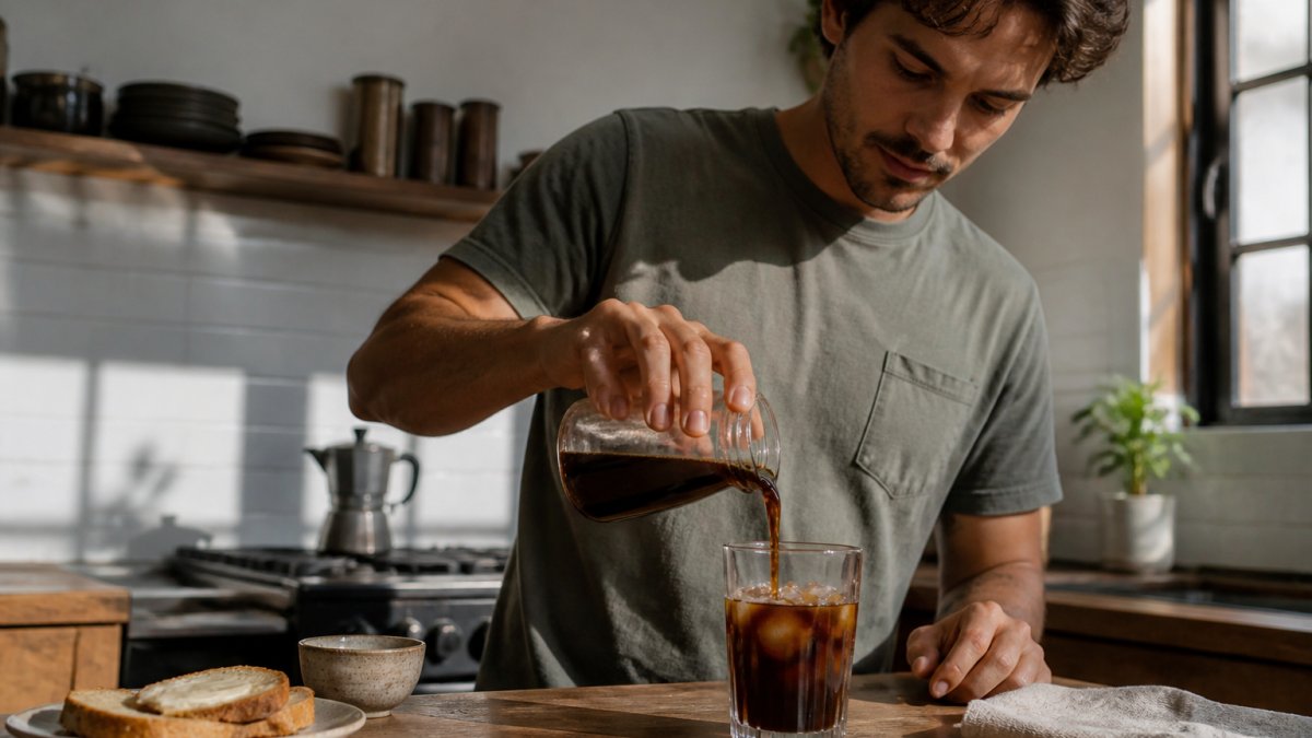 A person in a home kitchen pouring cold brew concentrate over ice in a glass, morning light through the window, relaxed and unhurried
