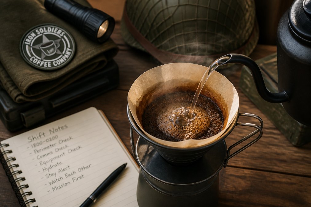 Close-up of hot water being poured into a pour-over coffee maker with dark grounds visible, steam rising from the filter, on a tactical workspace with shift notes visible nearby