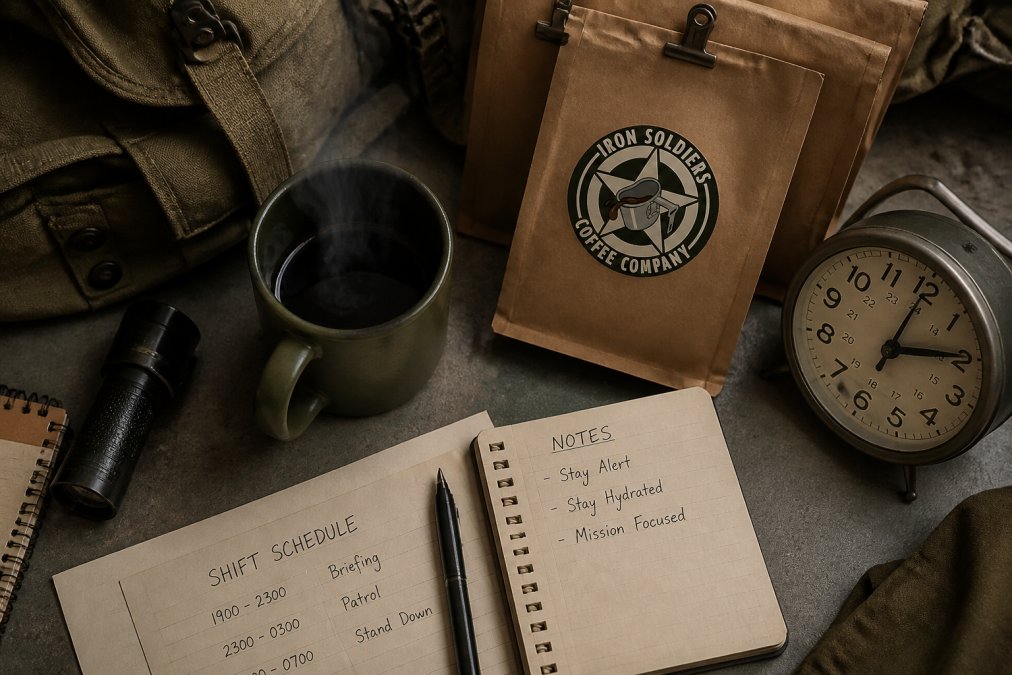 Overhead shot of Iron Soldiers coffee bags and a steaming mug on a tactical workspace with shift schedule notes and a clock showing night hours nearby