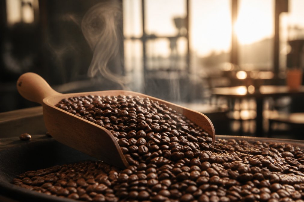 Close-up of freshly roasted coffee beans in a wooden scoop with steam rising, morning light filtering through café windows