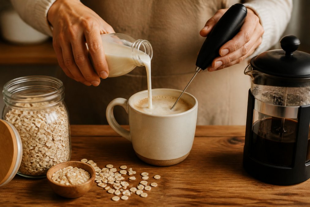 Hands pouring creamy oat milk into a ceramic coffee cup while a milk frother creates foam, with whole oats and a French press visible on the wooden counter