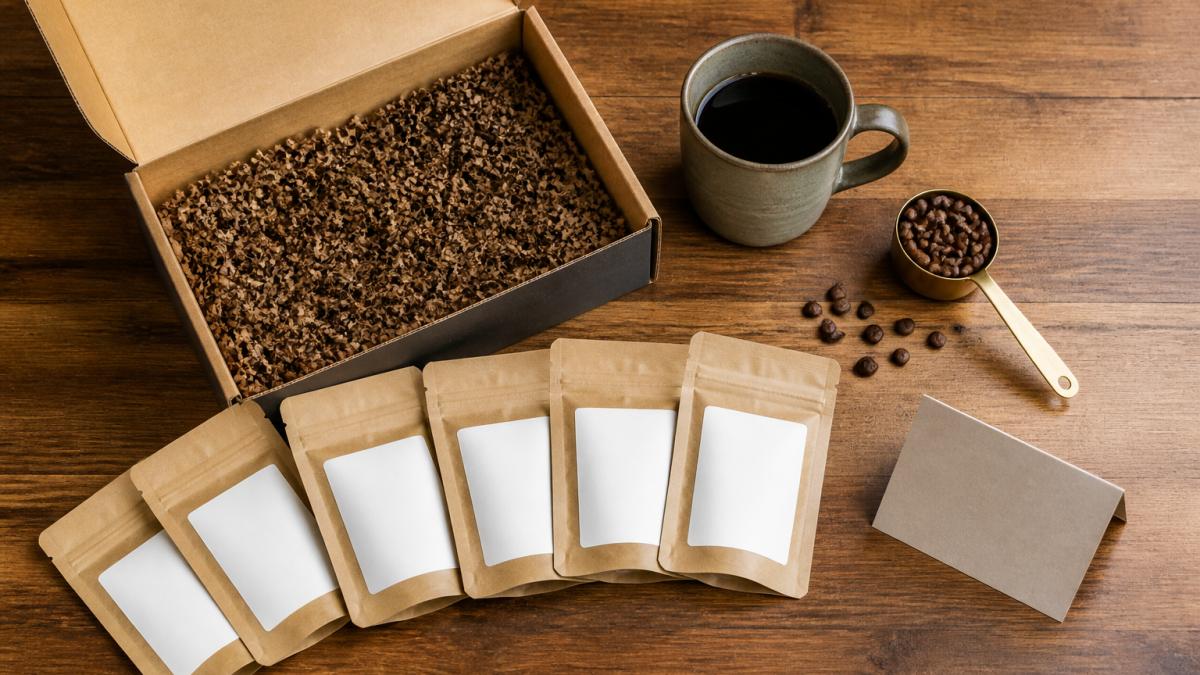 Overhead view of a coffee gift set containing six sample bags, a ceramic mug, whole beans, and a greeting card.